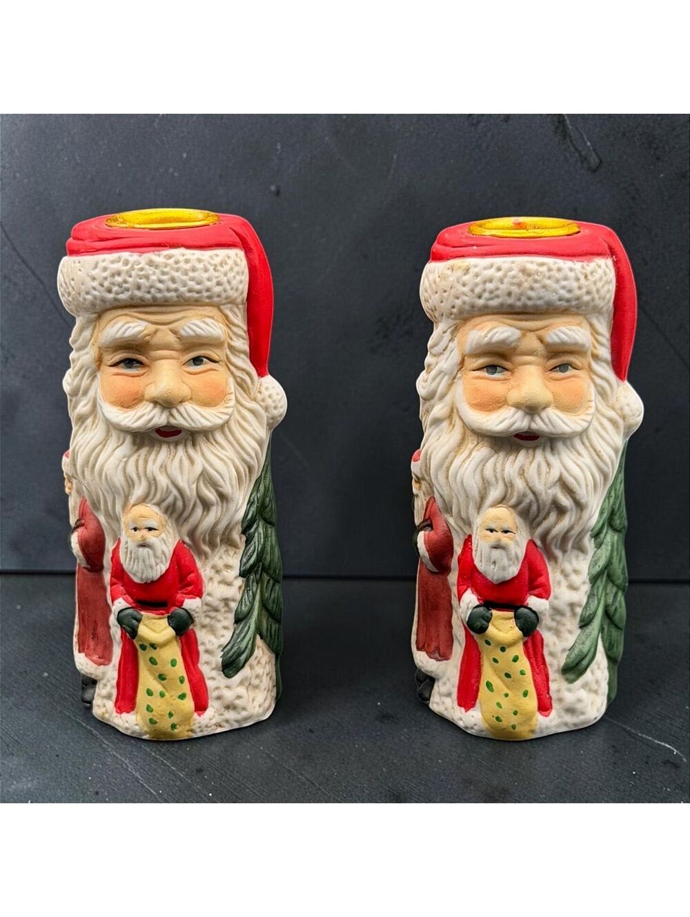 Vintage Ceramic Santa Candle Holders Set of 2 Christmas Holiday Decor